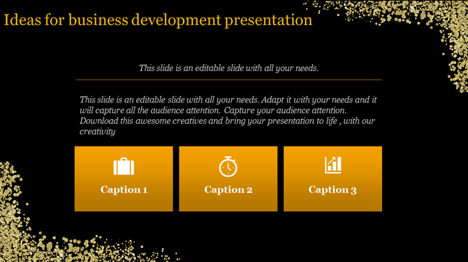 Business development presentation template with three sections with icons and placeholder text on a dark theme.