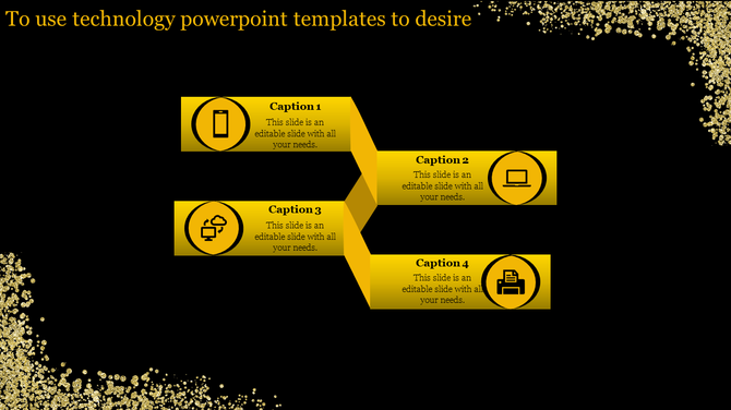 Technology slide with four yellow blocks connected diagonally, with captions on a black background with gold glitter.