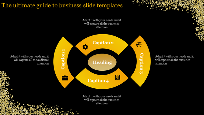 Golden circular infographic with icons representing captions for business-related topics on a black background.