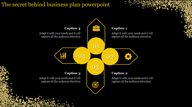 Business plan PPT slide with four yellow sections, each containing an icon and caption, forming a central cross design.