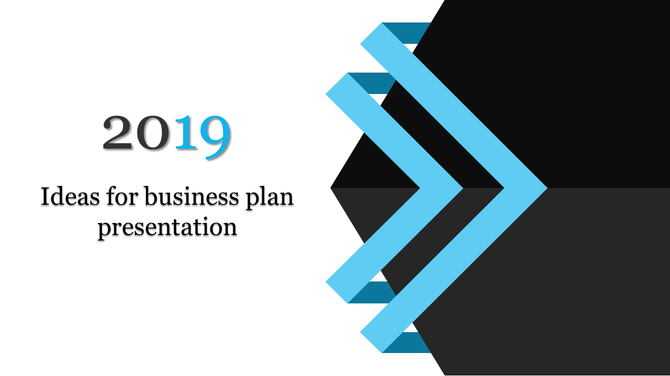 Modern business plan slide with the year '2019' in blue, a stylized arrow design, and placeholder text areas.