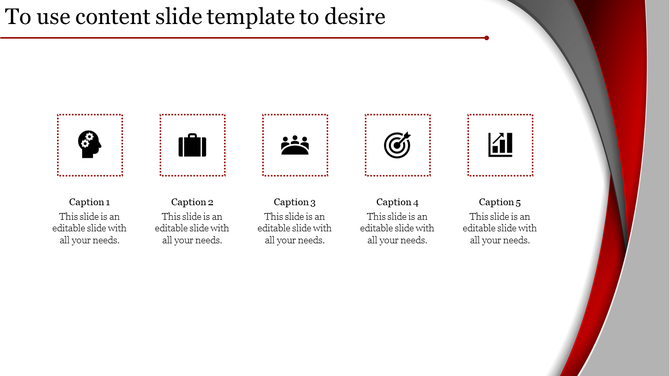 Content slide featuring five icons representing different business concepts with placeholder text.