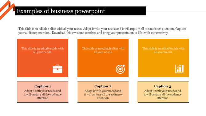 Business template slide featuring three sections with business icons, with space for custom captions areas.
