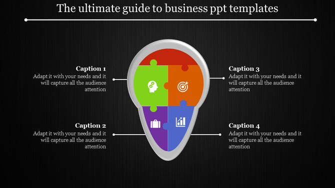 Business PPT template with a puzzle piece diagram and four colorful icons and captions with placeholder text on a dark theme.