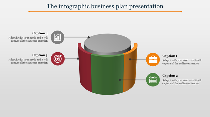 PowerPoint slide showing an infographic business plan with segmented circular visuals with icons and captions.