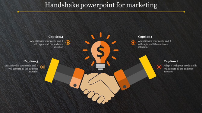 Business handshake illustration with an orange lightbulb dollar sign and circular caption elements on a dark background.