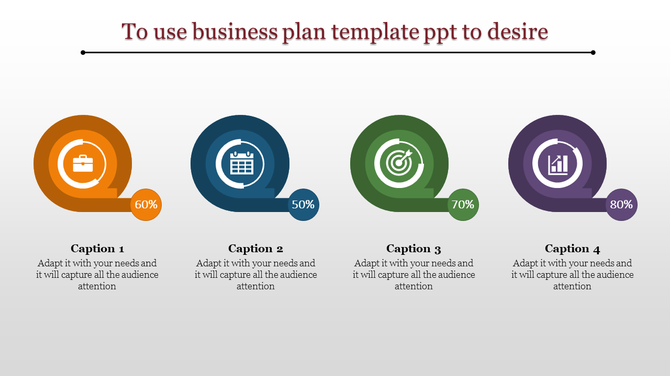 Four coiled infographic elements in orange, blue, green, and purple, each labeled with a percentage and business icons.