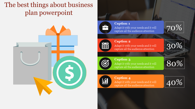 Business plan slide with a gift box, shopping bag, dollar icon, and four captions featuring percentages on the right.