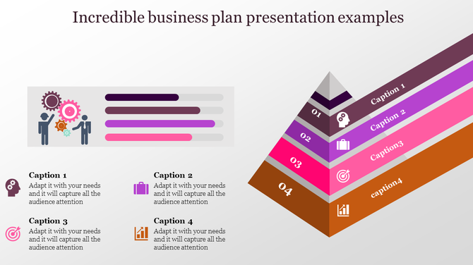 Pyramid chart with four color-coded layers labeled 01 to 04, paired with business-related captions areas.