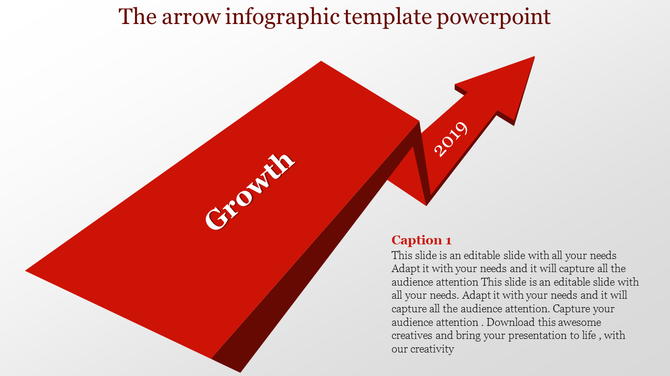 3D red arrow pointing upwards labeled growth with a '2019' text in a business infographic design.