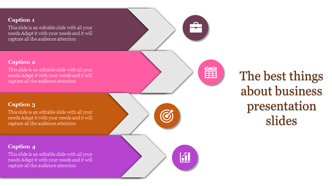 Business slide with four horizontal arrows in brown, pink, orange, and purple, each paired with captions and icons.