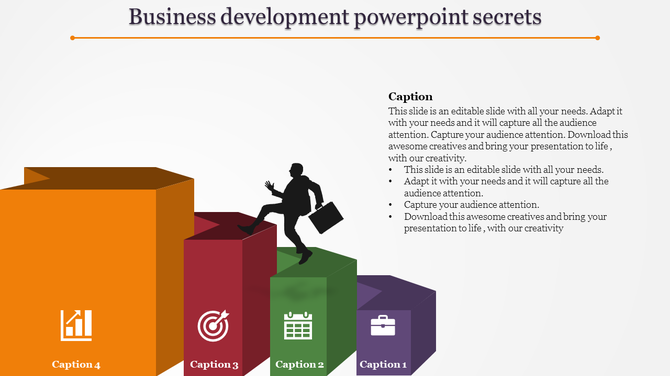 Business development PPT slide with colorful blocks and icons for various stages and caption text.