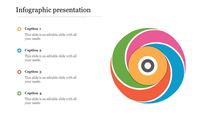 Vibrant infographic design featuring a spiral shape with four segments, each representing a different element with captions.