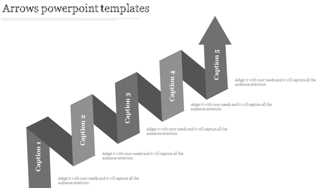 Five step zigzag arrow infographic in grayscale, each segment labeled with a caption, progressing upward to the final arrow.