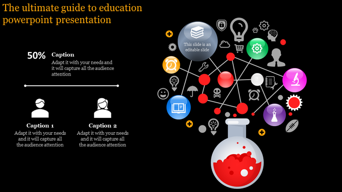 Slide showing a connected network of colorful icons emerging from a red flask, paired with captions, on a dark background.