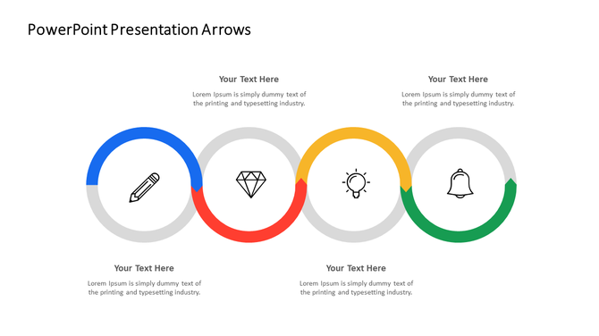 Infographic of four connected circles with colored arrows, featuring icons, with placeholder text areas.
