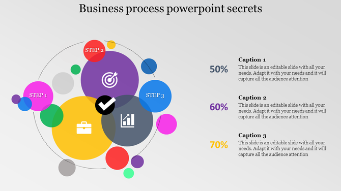 Colorful circles representing different steps of a business process with icons and progress percentages with captions.