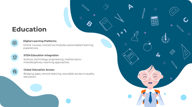 Education PowerPoint slide featuring three main topics with icons and text descriptions.