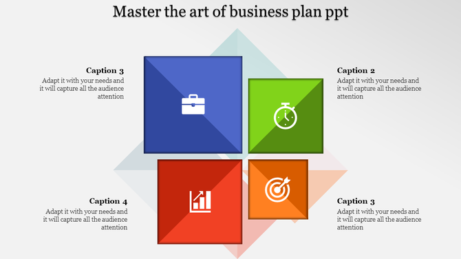 Business plan infographic with blue, green, red, and orange squares showcasing icons for briefcase, clock, graph, and target.