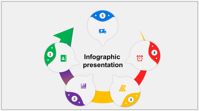 Infographic design with a central title and five numbered icons in green, purple, yellow, red, and blue segments.
