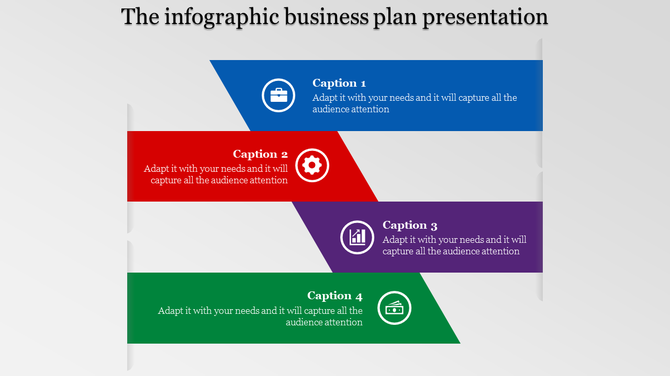 Horizontal infographic layout with blue, red, purple, and green sections, arranged diagonally, each with icons and captions.