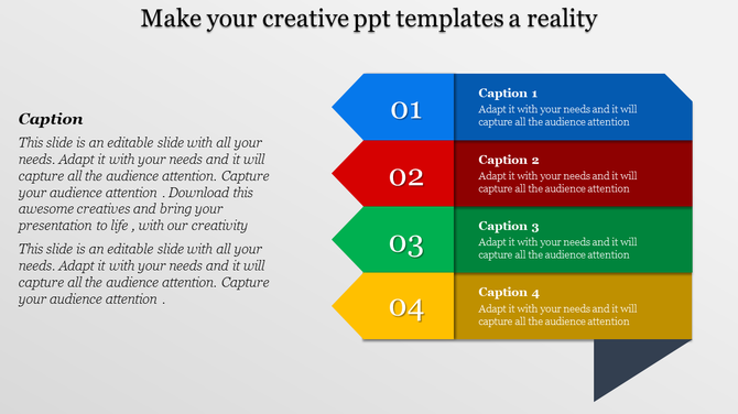 Colorful creative PowerPoint template with four stages and numbered captions.