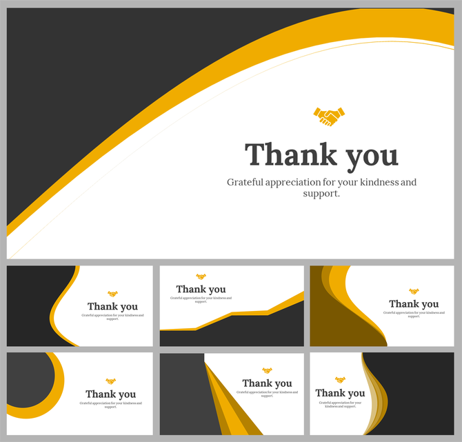 Thank you slide deck featuring white and dark gray backgrounds with yellow curved accents and a handshake icon.
