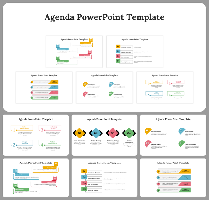 Various Agenda PowerPoint slides are displayed in a grid, featuring colorful and design elements with icons.