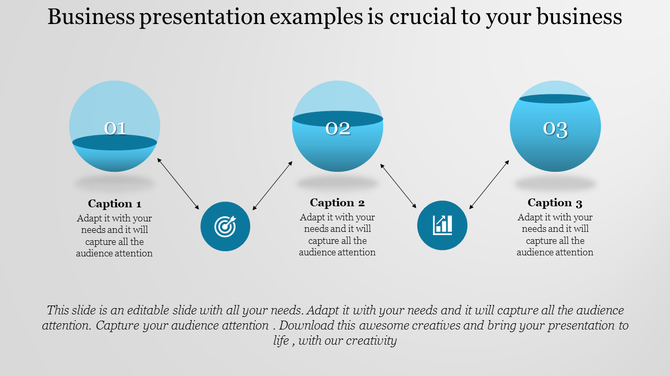Business slide with three numbered blue spheres and icons for goals, analytics, and growth, connected by arrows.