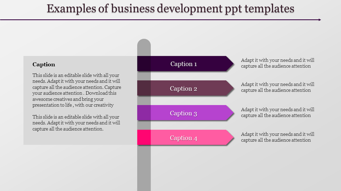 Business development slide with a vertical panel listing four colored arrow shaped captions in shades of purple and pink.