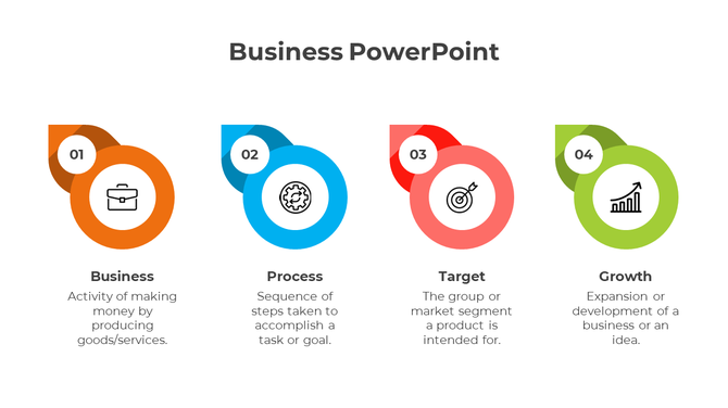 Business infographic showing progression through three stage, marked by colored banners and simple black line icons of steps.