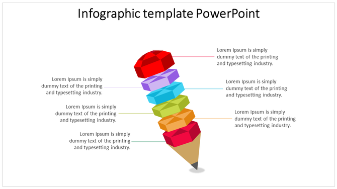 Infographic slide featuring a stacked pencil design with colorful segments and text captions on each side.