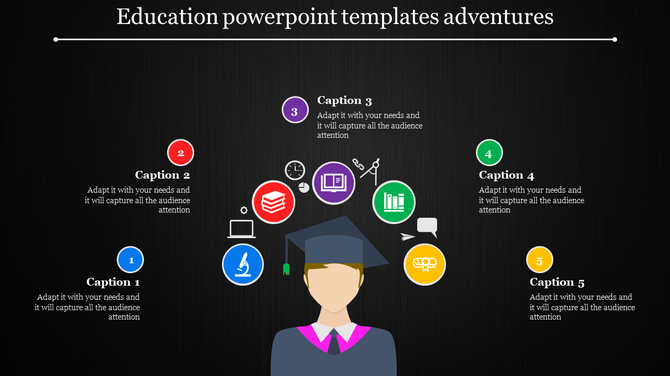 Educational template showcasing a graduate at the center, with five colorful captions and icons for various academic themes.