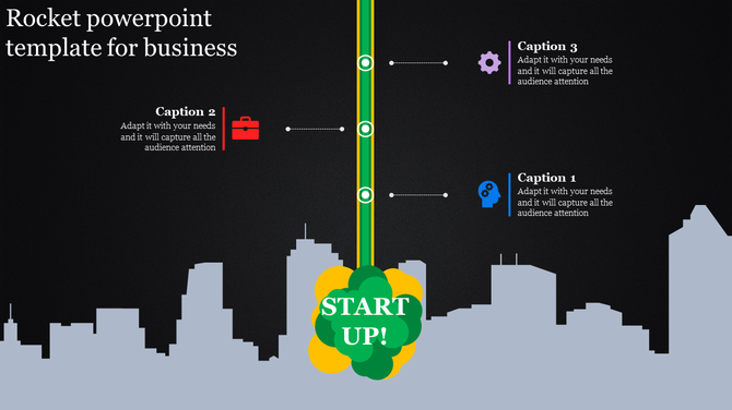 Rocket themed slide with a dark cityscape background, green vertical line with three captions, and a start up label below.