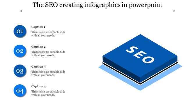 Slide featuring a bold blue SEO block on the right, paired with four numbered steps and captions aligned on the left.