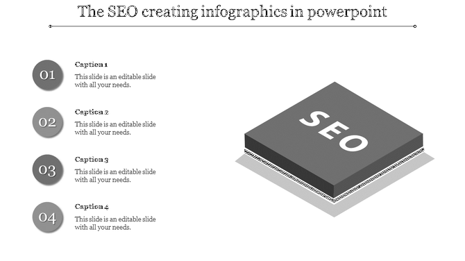 Monochrome SEO slide featuring a 3D book illustration on the right and four numbered sections on the left.