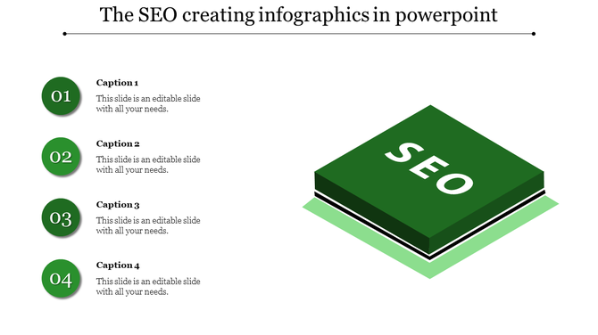 SEO themed PowerPoint template with a green book icon displaying the word SEO and four captions.
