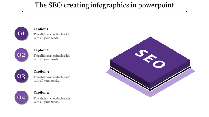 SEO strategy slide featuring a 3D purple book labeled and a four-step numbered list with captions aligned on the left.