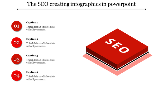 SEO themed PowerPoint template with a red book icon displaying the word SEO and four captions.