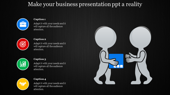 Business PPT slide showing two cartoon figures exchanging a document, with icons and captions on a dark theme.
