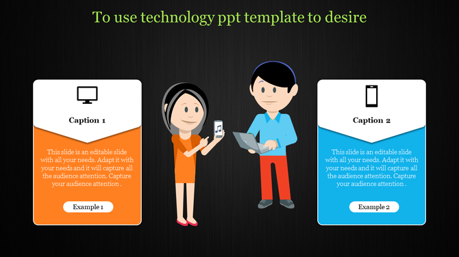Two characters engaging with technology, one holding a phone and another using a laptop, with orange and blue caption boxes.