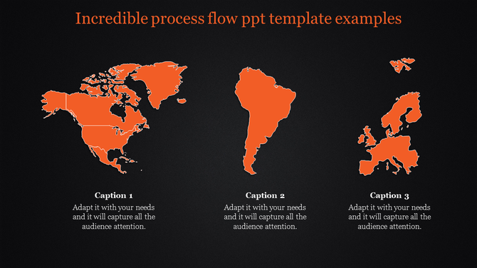Geographical process flow slide showing highlighted maps of North America, South America, and Europe.