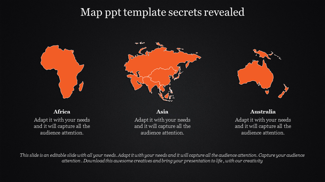 Map PPT template displaying Africa, Asia, and Australia with a text section on a dark backdrop.