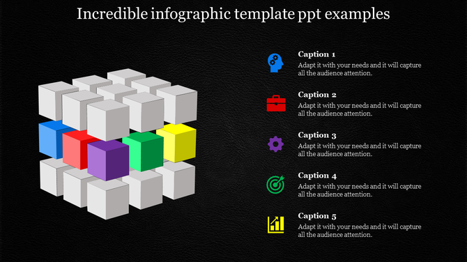 PPT template featuring a 3D arrangement of colorful cubes, representing an infographic design with captions on a dark theme.