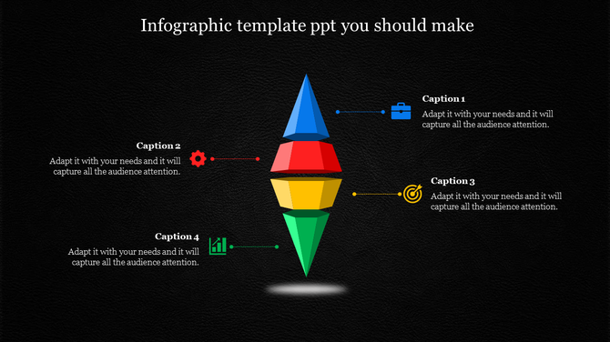 Four tiered infographic design with vibrant colors and business-themed icons connected to captions on a dark backdrop.