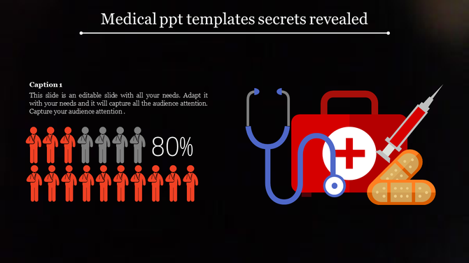 Dark-themed medical slide with icons, a red stethoscope, syringe, and bandage imagery complementing a first aid kit.