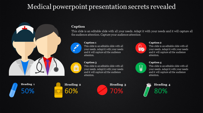 Medical infographic with nurse and doctor icons, circular icons, and four percentage headings with caption area below.