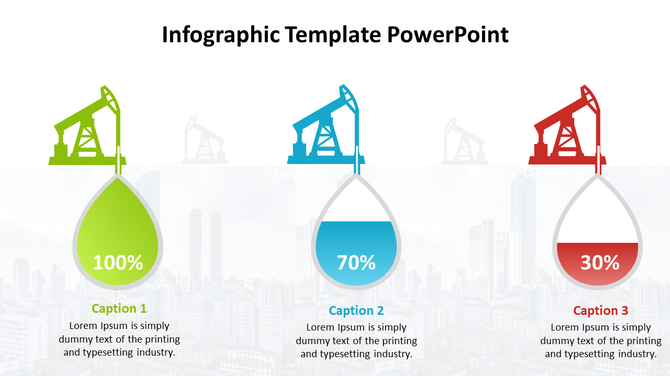 Infographic PowerPoint template with oil rig icons and percentage filled drop shapes with captions.