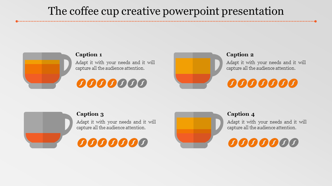Creative slide featuring four colorful coffee cups arranged in a row, with captions areas below each cup.