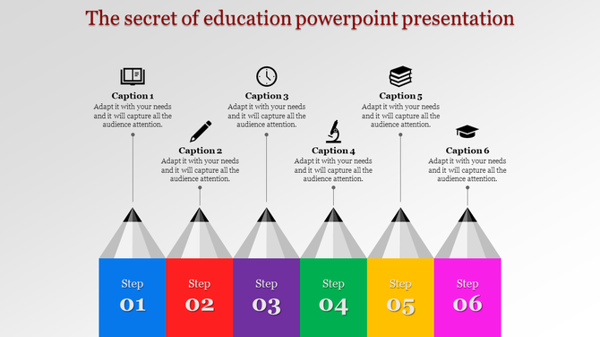 Educational infographic with six colorful pencil-shaped sections labeled, each linked to a caption with icons.